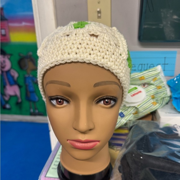 Cream & Green Crochet Beanie Hat made to order - Picture 1 of 8